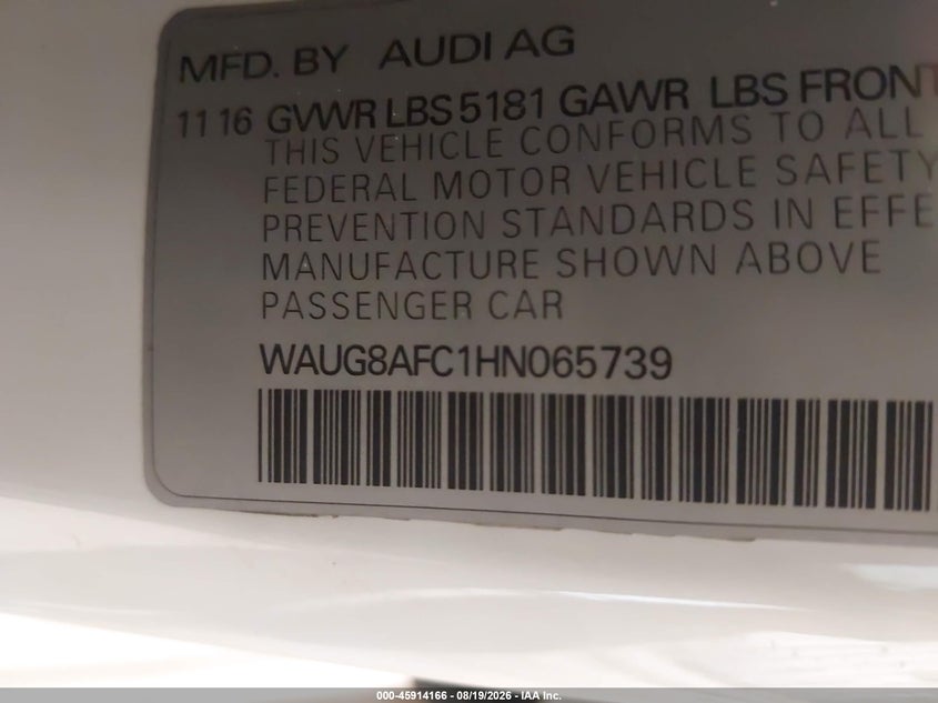 AUDI A6 2017 VIN WAUG8AFC1HN065739