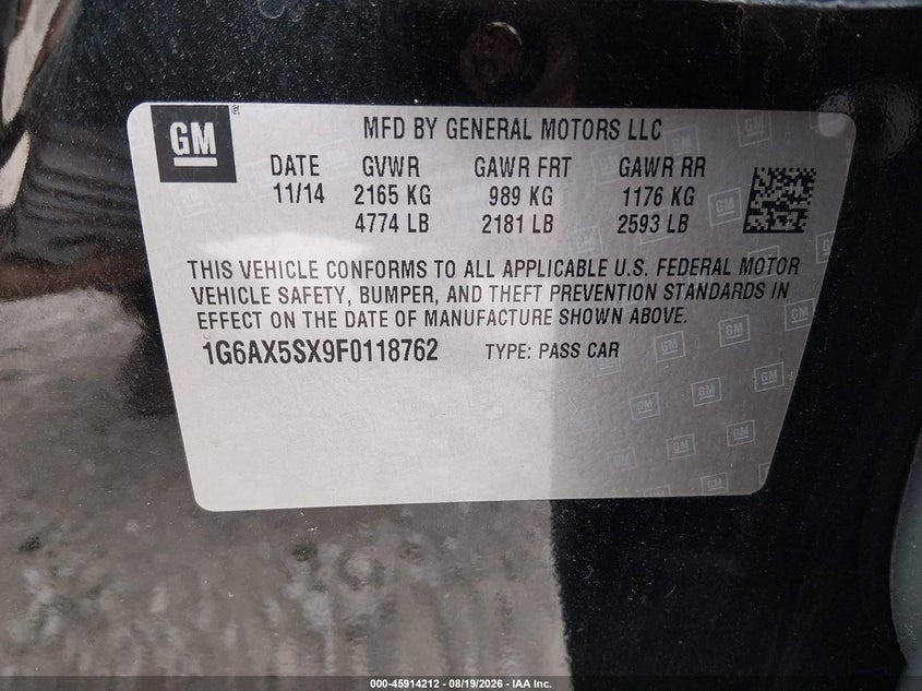 CADILLAC CTS 2015 VIN 1G6AX5SX9F0118762