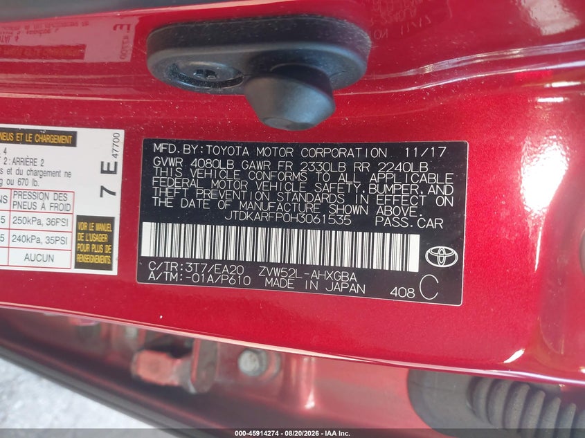 2017 TOYOTA PRIUS HATCHBACK 1.8L I-4 DOHC, VVT, 95HP