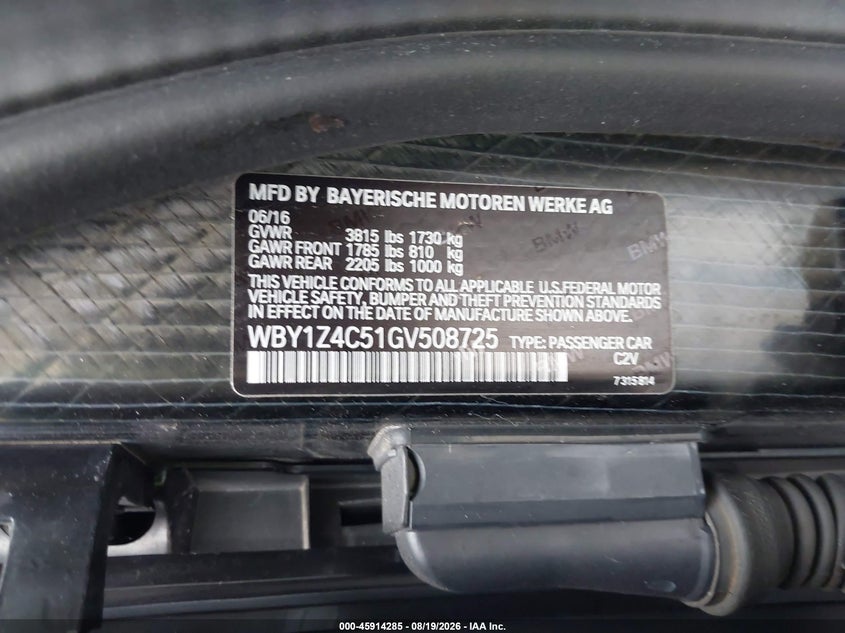 BMW I3 2016 VIN WBY1Z4C51GV508725