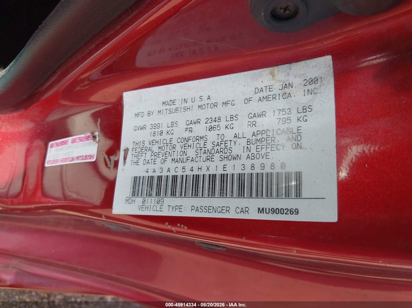 2001 MITSUBISHI ECLIPSE COUPE 3.0L V-6 , 200HP