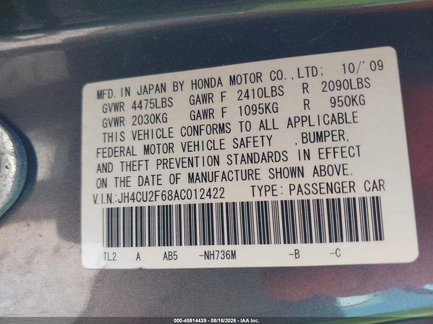 ACURA TSX 2010 VIN JH4CU2F68AC012422