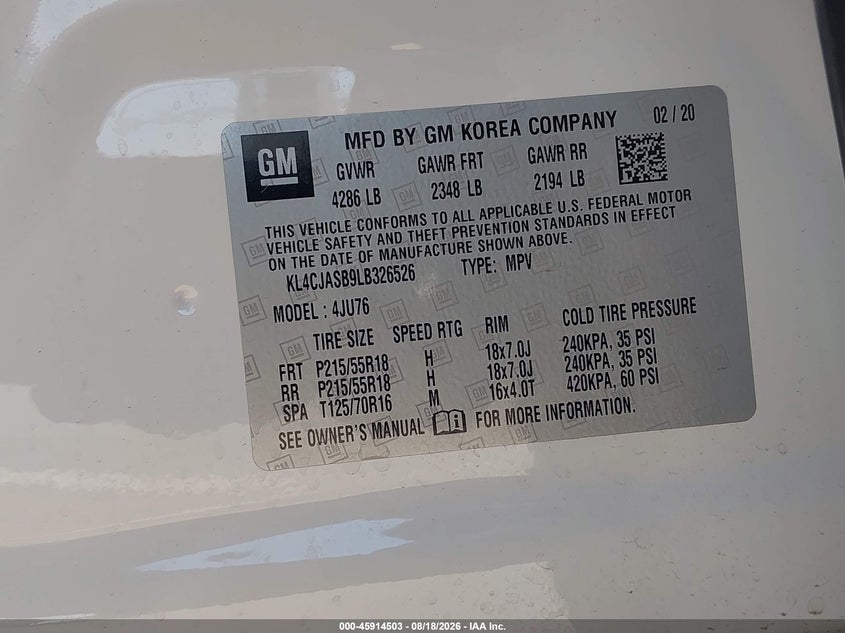 BUICK ENCORE 2020 VIN KL4CJASB9LB326526