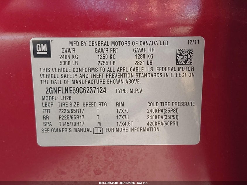CHEVROLET EQUINOX 2012 VIN 2GNFLNE59C6237124