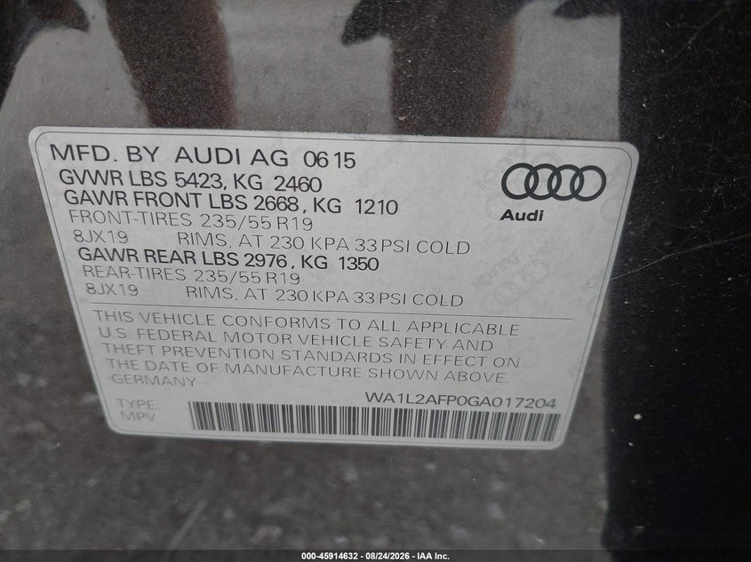 2016 AUDI Q5 SPORT UTILITY VEHICLE 2.0L I-4 DI, DOHC, VVT, TURBO, 220HP