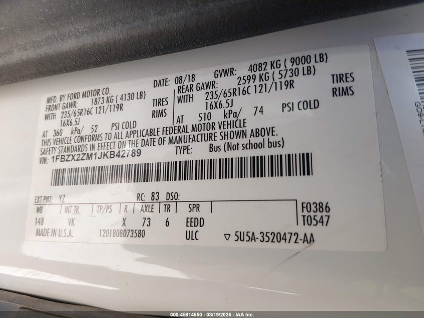 FORD TRANSIT 2018 VIN 1FBZX2ZM1JKB42789