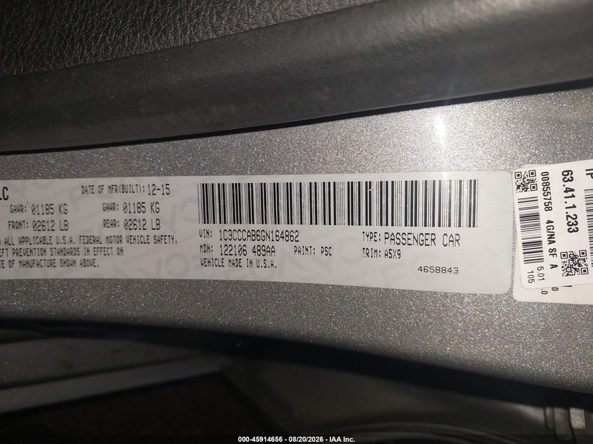 CHRYSLER 200 2016 VIN 1C3CCCAB6GN164862