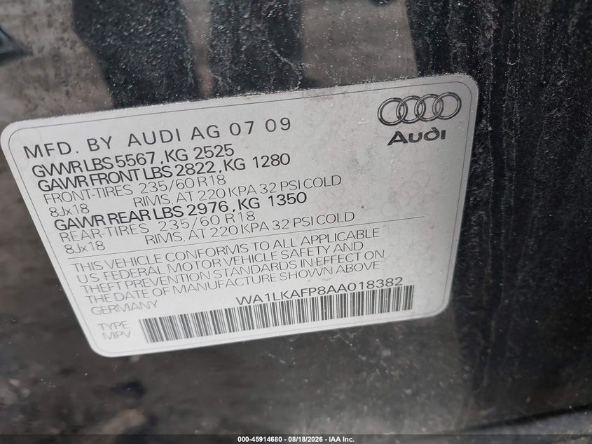 AUDI Q5 2010 VIN WA1LKAFP8AA018382