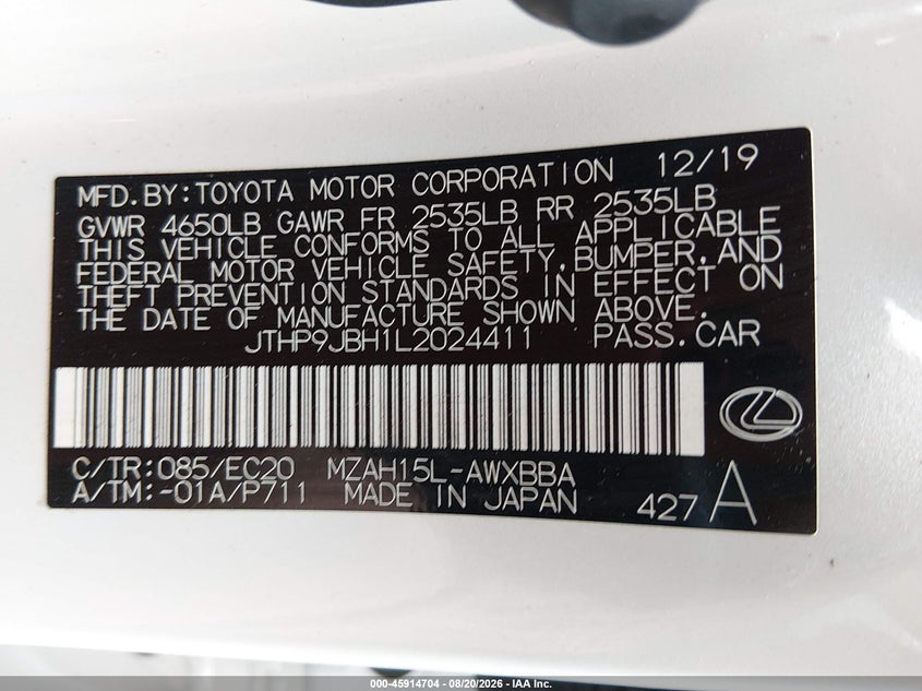 LEXUS UX 250H 2020 VIN JTHP9JBH1L2024411
