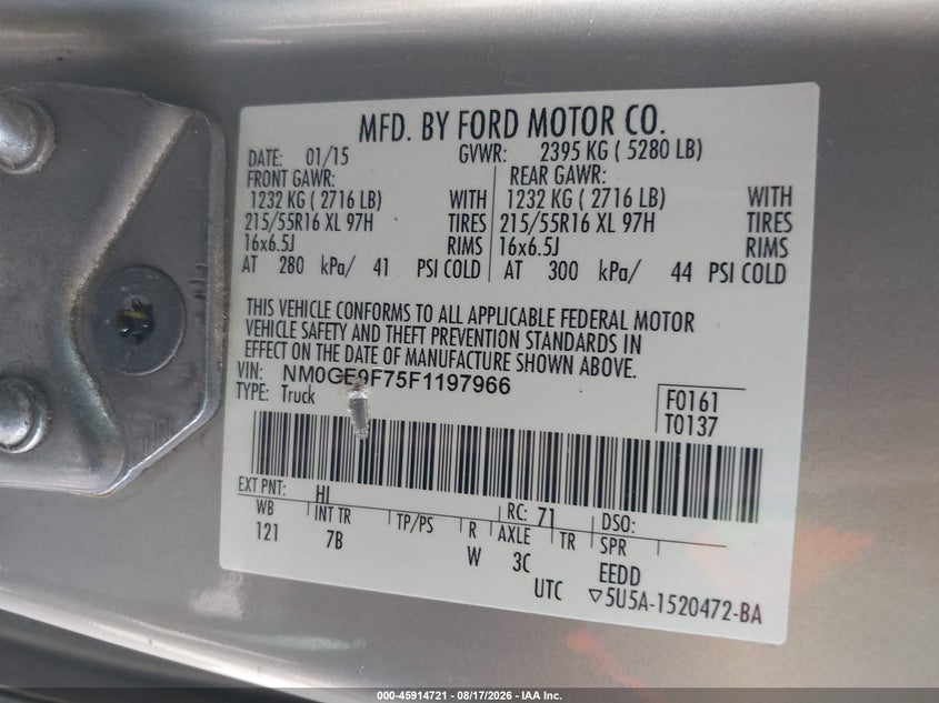 FORD TRANSIT CONNECT 2015 VIN NM0GE9F75F1197966