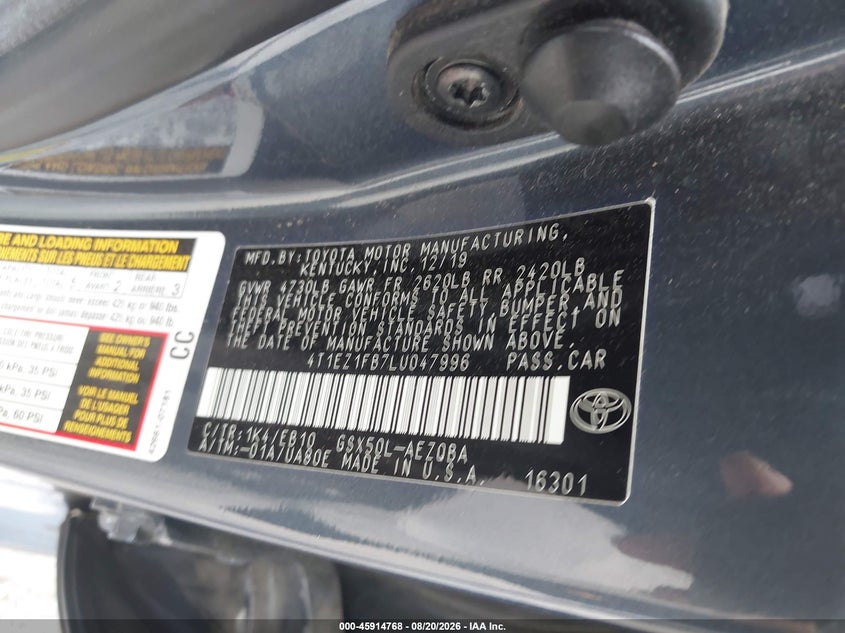 2020 TOYOTA AVALON SEDAN 3.5L V-6 DI, DOHC, VVT, 301HP