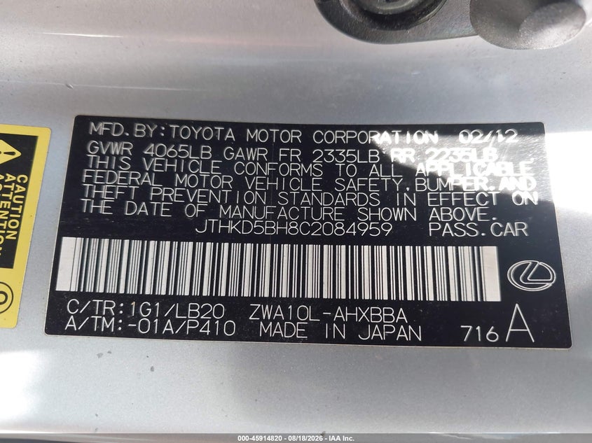 LEXUS CT 200H 2012 VIN JTHKD5BH8C2084959