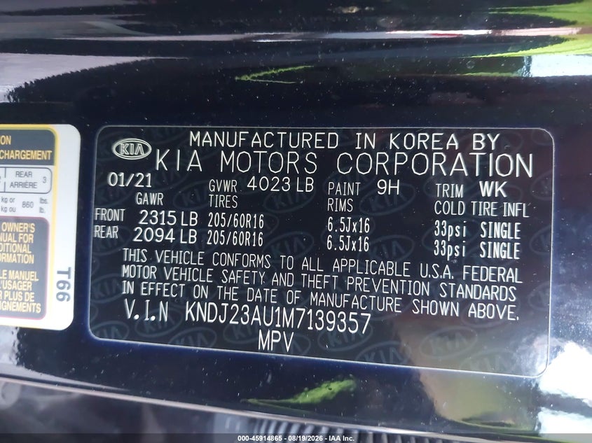 KIA SOUL 2021 VIN KNDJ23AU1M7139357