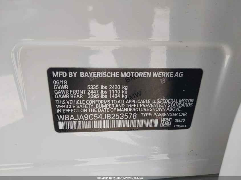 BMW 530E 2018 VIN WBAJA9C54JB253578