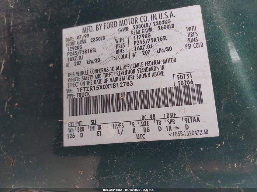 FORD RANGER 1999 VIN 1FTZR15X0XTB12783