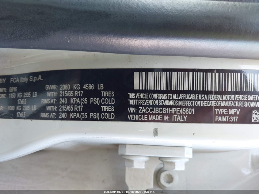 JEEP RENEGADE 2017 VIN ZACCJBCB1HPE45601