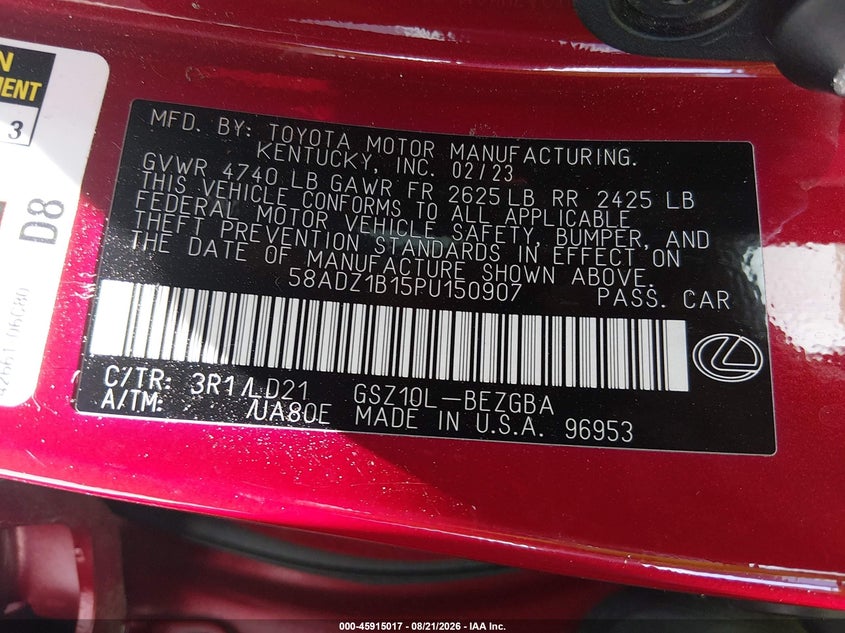 LEXUS ES 350 2023 VIN 58ADZ1B15PU150907