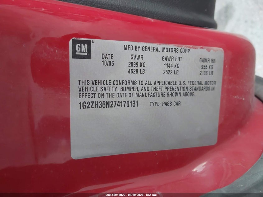 PONTIAC G6 2007 VIN 1G2ZH36N274170131