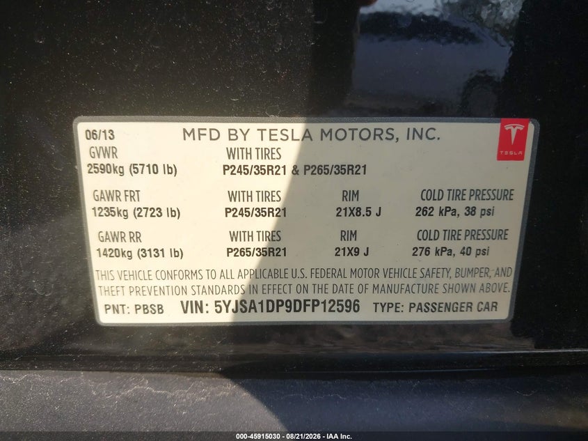 TESLA MODEL S 2013 VIN 5YJSA1DP9DFP12596