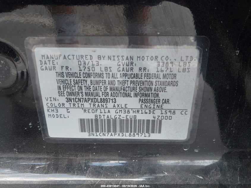NISSAN VERSA 2013 VIN 3N1CN7APXDL889713