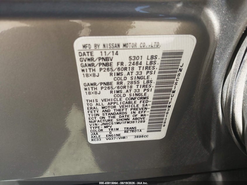 INFINITI QX70 2015 VIN JN8CS1MU1FM381289