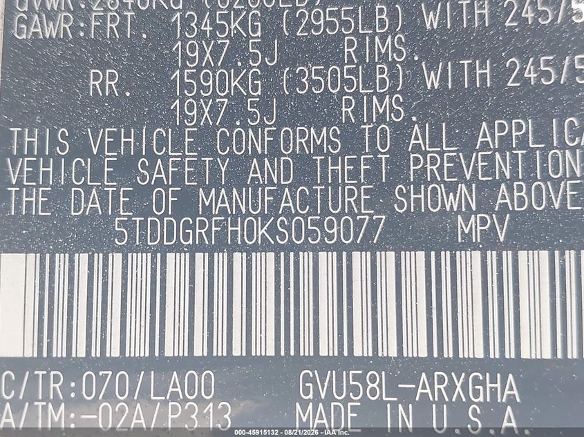 2019 TOYOTA HIGHLANDER SPORT UTILITY VEHICLE 3.5L V-6 DI, DOHC, VVT, REGULAR , 231HP