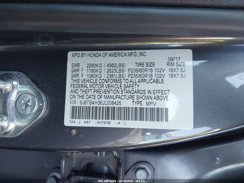 ACURA RDX 2018 VIN 5J8TB4H36JL008425