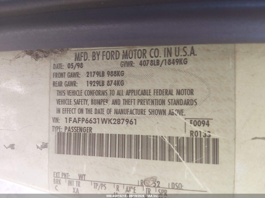FORD CONTOUR 1998 VIN 1FAFP6631WK287961