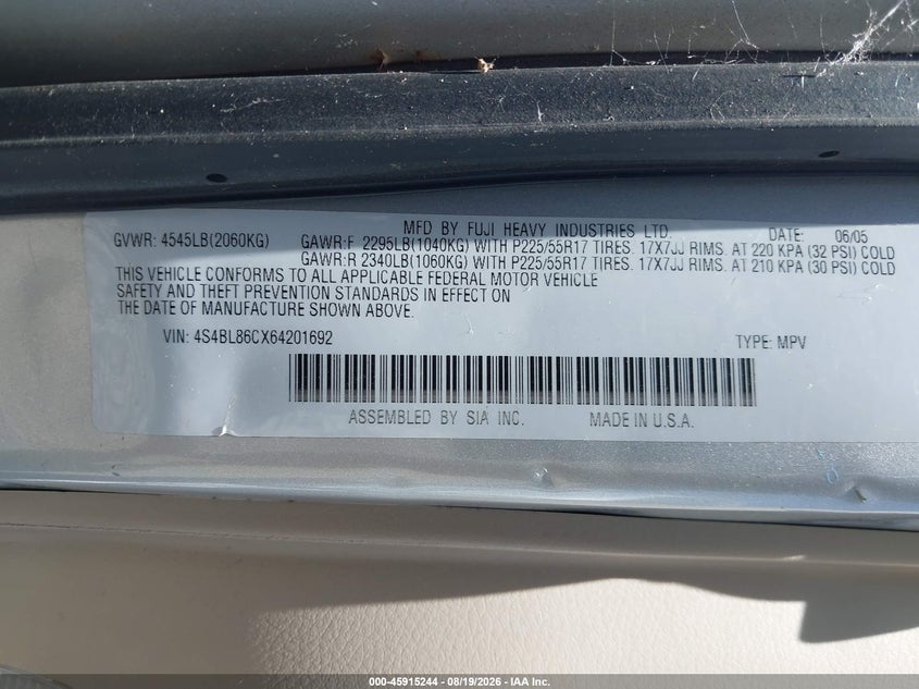 2006 SUBARU LEGACY SEDAN 3.0L H6 FI DOHC 24V F4