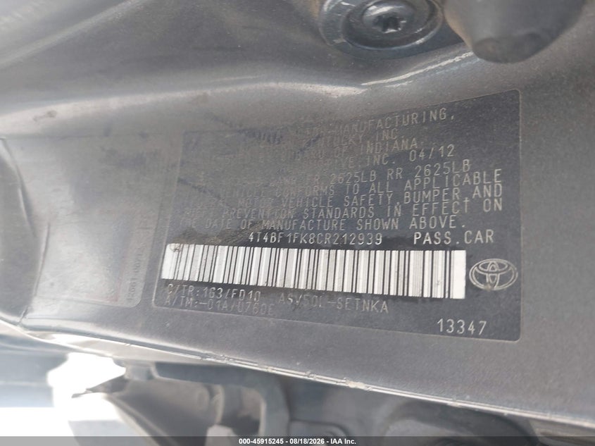 2012 TOYOTA CAMRY SEDAN 2.5L I-4 DOHC, VVT, 173HP
