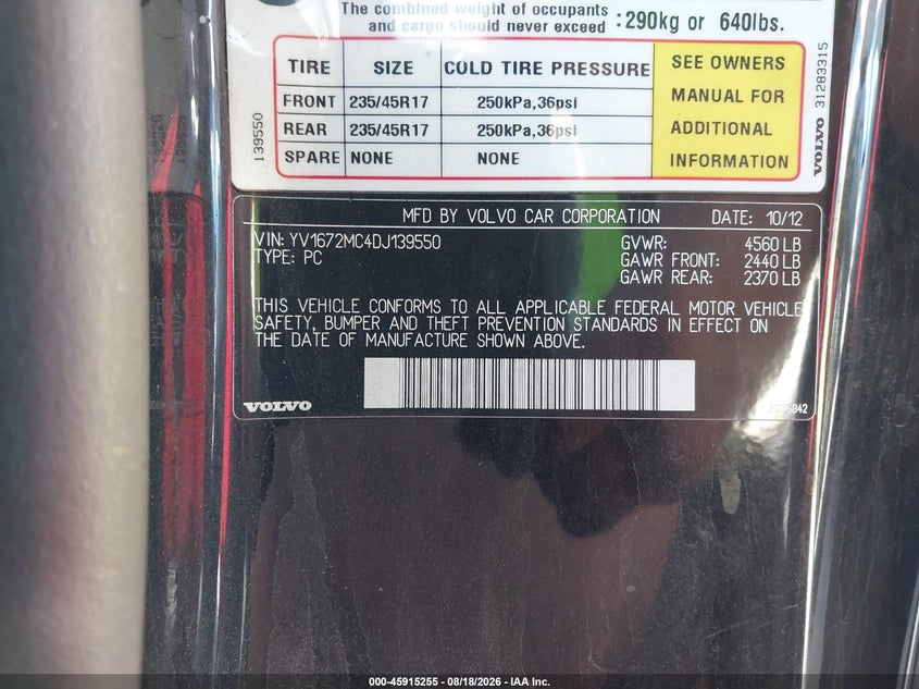 VOLVO C70 2013 VIN YV1672MC4DJ139550