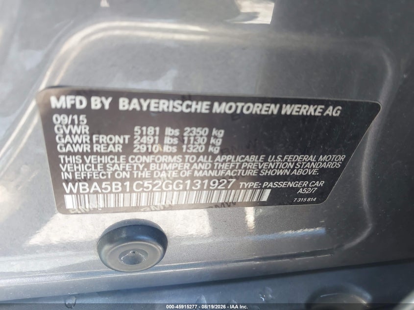 BMW 535I 2016 VIN WBA5B1C52GG131927