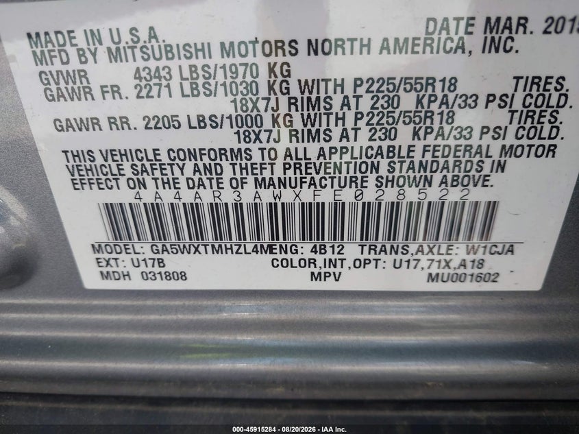 2015 MITSUBISHI OUTLANDER SPORT UTILITY VEHICLE 2.4L I-4 VVT, 166HP