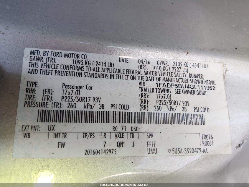 FORD C-MAX HYBRID 2016 VIN 1FADP5BU4GL111062