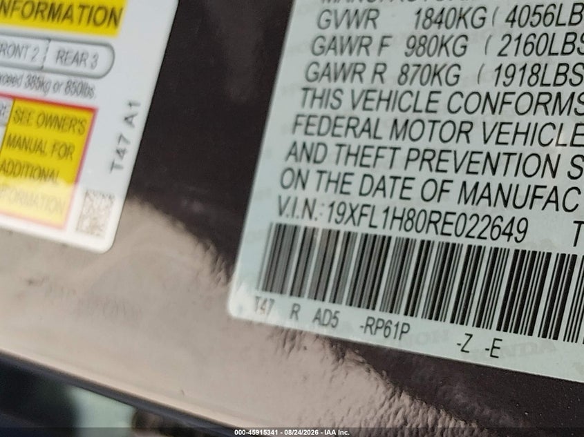 HONDA CIVIC 2024 VIN 19XFL1H80RE022649
