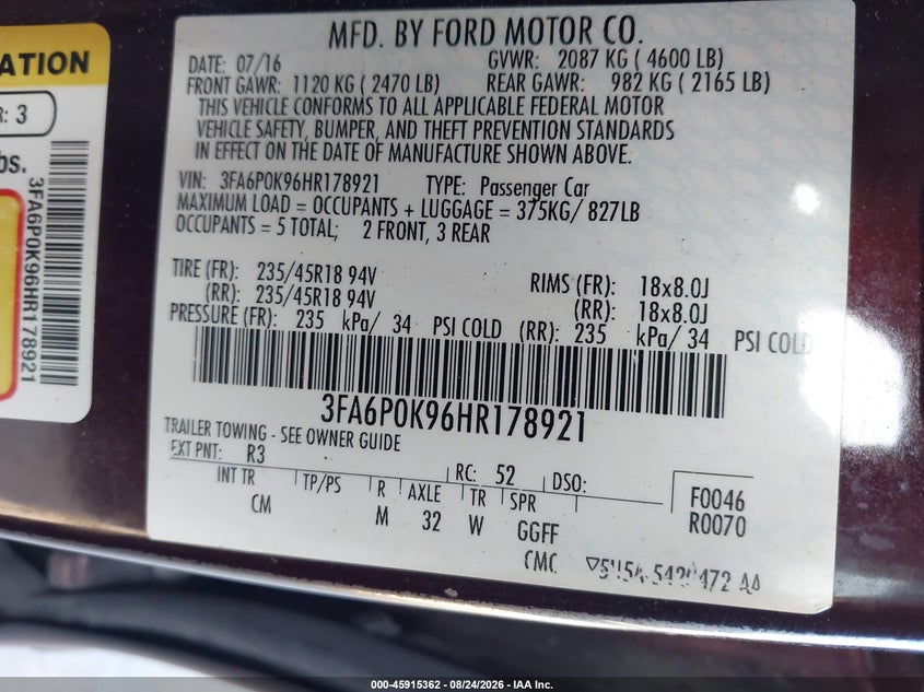 2017 FORD FUSION SEDAN 2.0L I-4 DI, DOHC, VVT, TURBO, 231HP