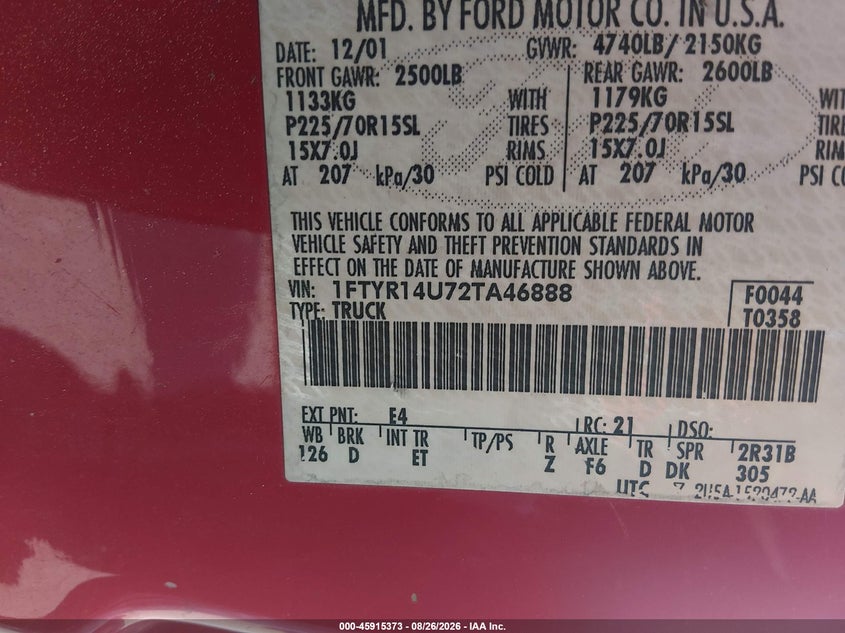FORD RANGER 2002 VIN 1FTYR14U72TA46888