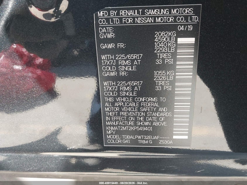 2019 NISSAN ROGUE SPORT UTILITY VEHICLE 2.5L I-4 DOHC, VVT, 170HP