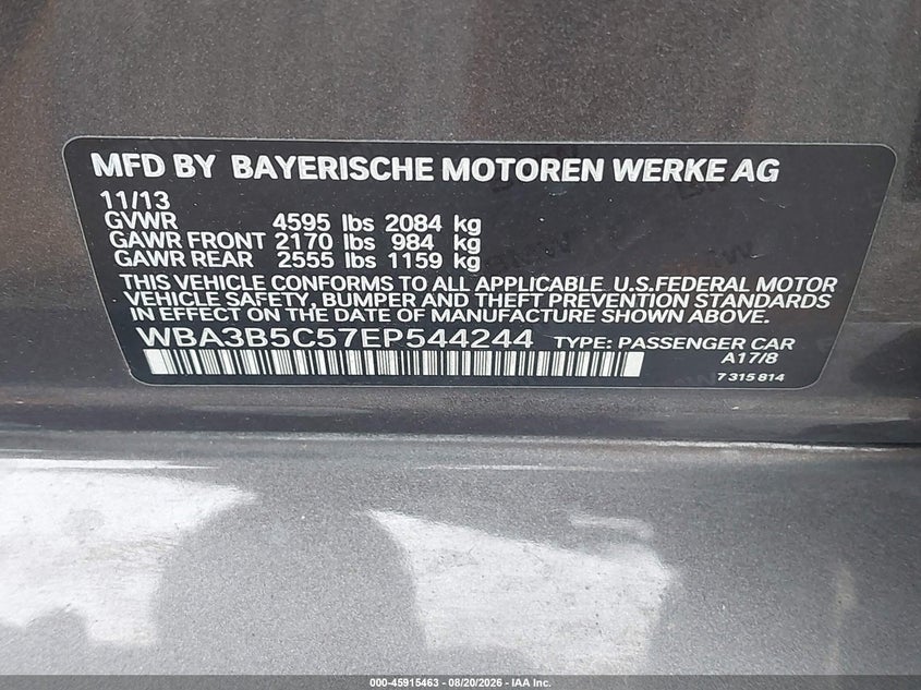 BMW 328I 2014 VIN WBA3B5C57EP544244