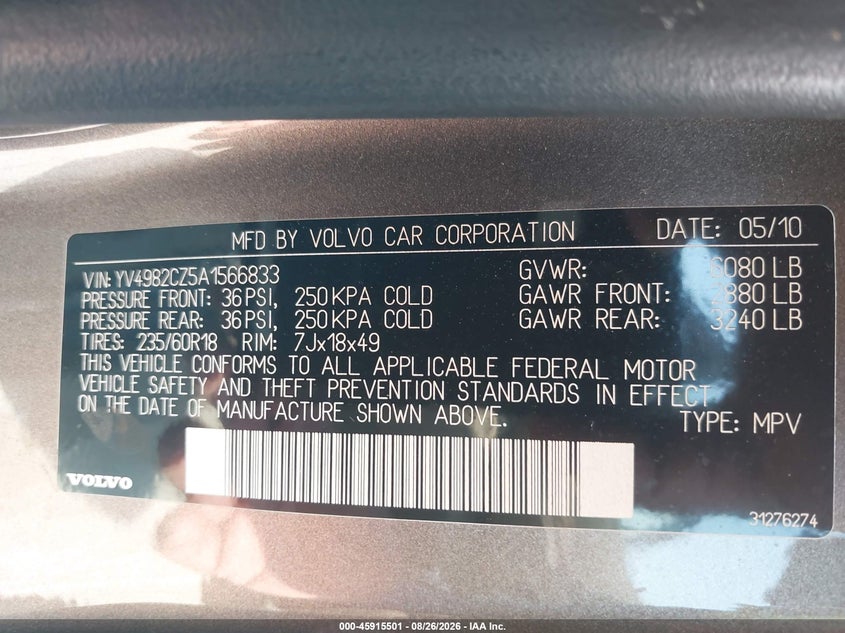 VOLVO XC90 2010 VIN YV4982CZ5A1566833