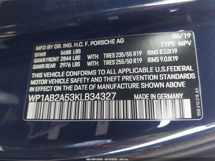 PORSCHE MACAN 2019 VIN WP1AB2A53KLB34327