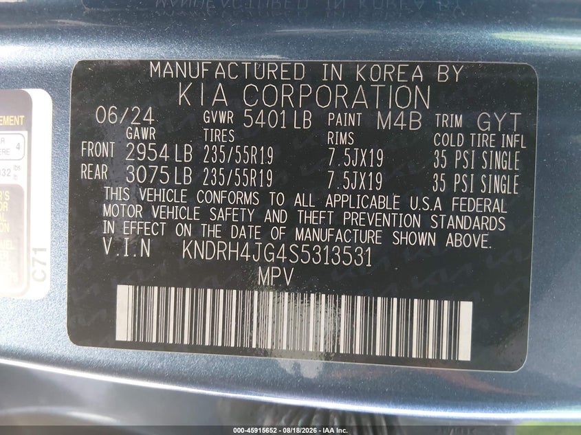 KIA SORENTO HYBRID 2025 VIN KNDRH4JG4S5313531