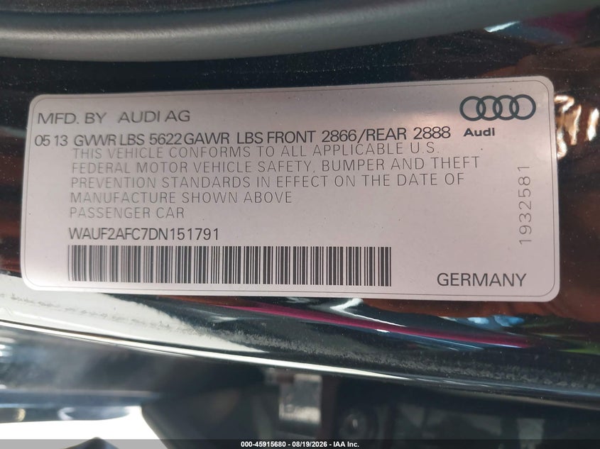 AUDI S6 2013 VIN WAUF2AFC7DN151791