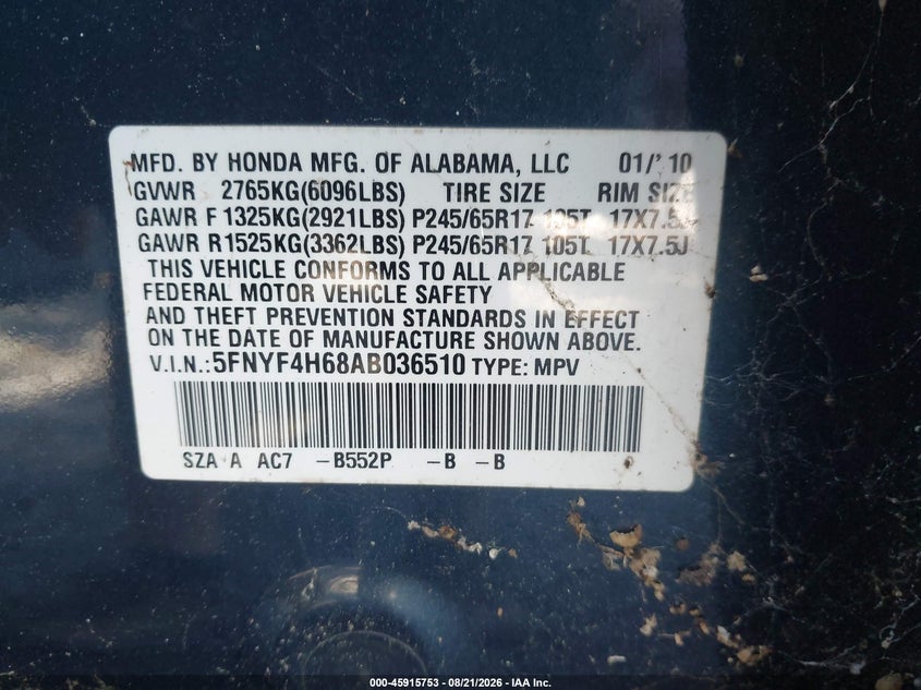 HONDA PILOT 2010 VIN 5FNYF4H68AB036510
