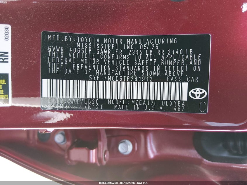 2026 TOYOTA COROLLA SEDAN 2.0L I-4 DI, DOHC, VVT, REGULAR , 169HP