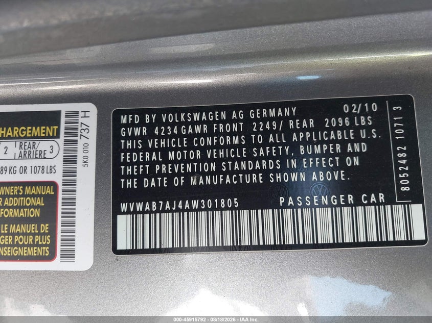 VOLKSWAGEN GOLF 2010 VIN WVWAB7AJ4AW301805
