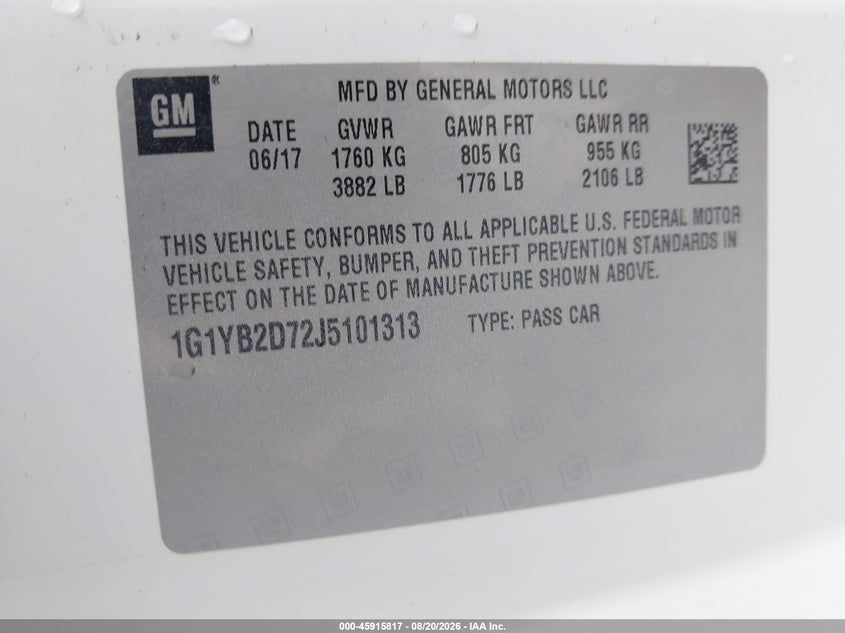 CHEVROLET CORVETTE 2018 VIN 1G1YB2D72J5101313