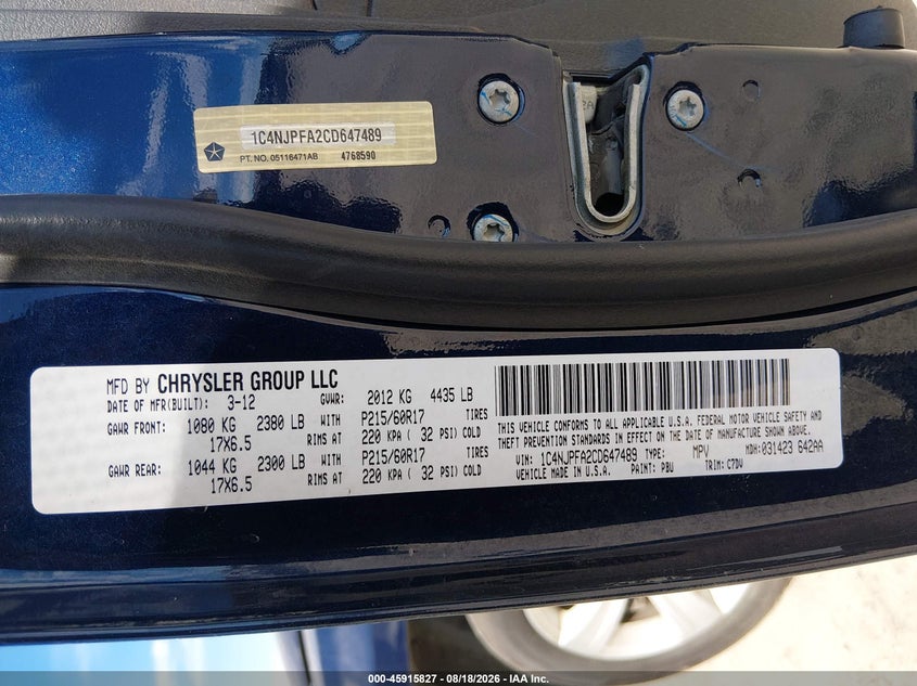 2012 JEEP LIBERTY (PATRIOT) SPORT UTILITY VEHICLE 2.0L I-4 DOHC, VVT, 158HP