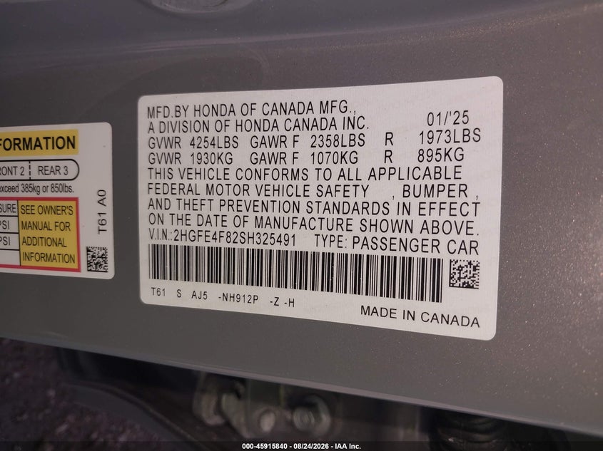 HONDA CIVIC HYBRID 2025 VIN 2HGFE4F82SH325491