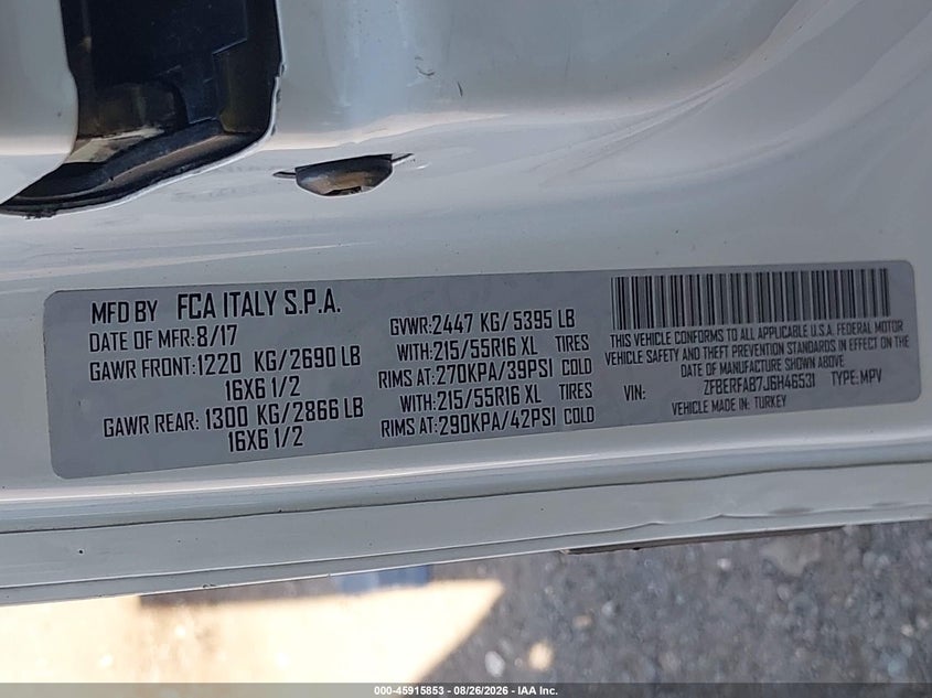 RAM PROMASTER CITY 2018 VIN ZFBERFAB7J6H46531